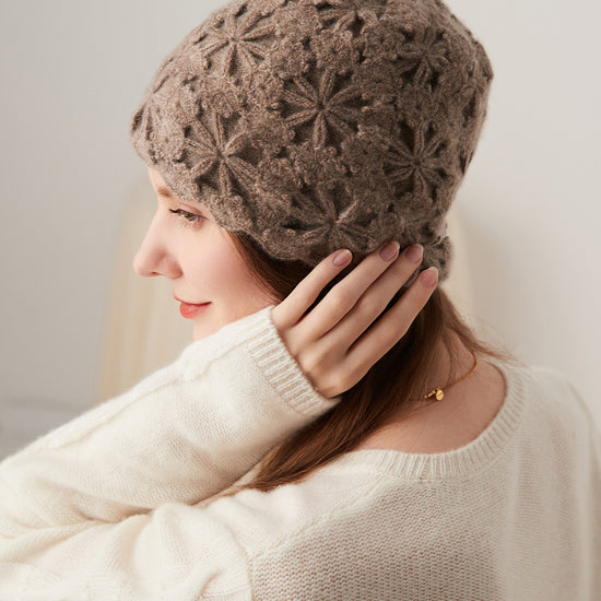 COMOBOCA 100% Cashmere Women's Floral Crochet Knit Beanie
