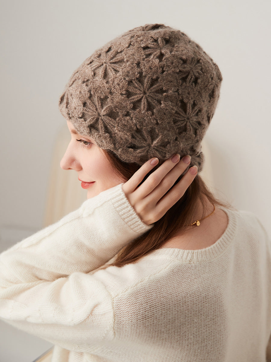 COMOBOCA 100% Cashmere Women's Floral Crochet Knit Beanie