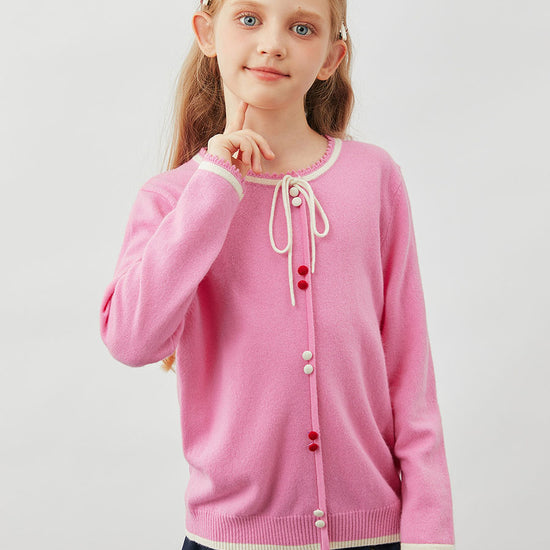 COMOBOCA 100% Wool Kids' Tie-Neck Contrast Trim Sweater