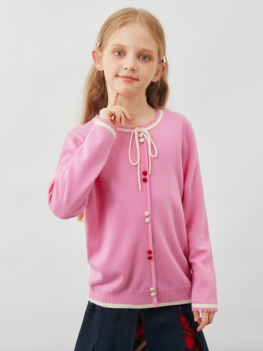 COMOBOCA 100% Wool Kids' Tie-Neck Contrast Trim Sweater