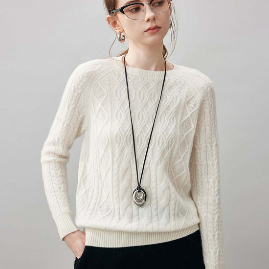 COMOBOCA 100% Cashmere Women's Cable Knit Round Neck Sweater