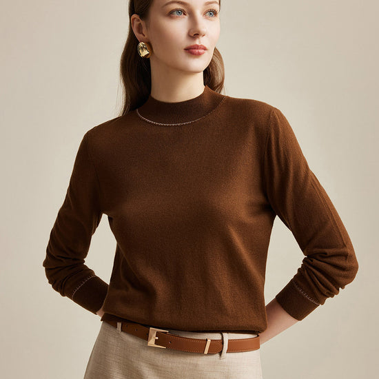 COMOBOCA Coffee 100% Wool Worsted Women's Elegant Sweater