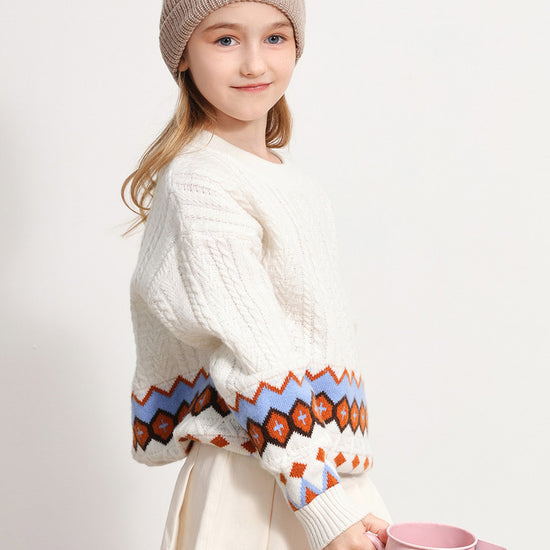 COMOBOCA WHITE 100% Wool Kids' Round Neck Striped Cable Knit Sweater