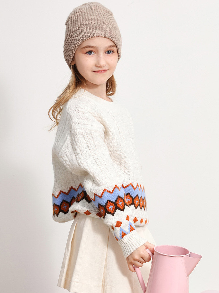 COMOBOCA WHITE 100% Wool Kids' Round Neck Striped Cable Knit Sweater