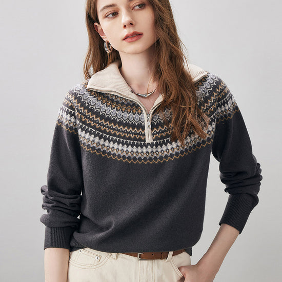 COMOBOCA Gray 100% Wool Women's Fair Isle Zip Up Sweater