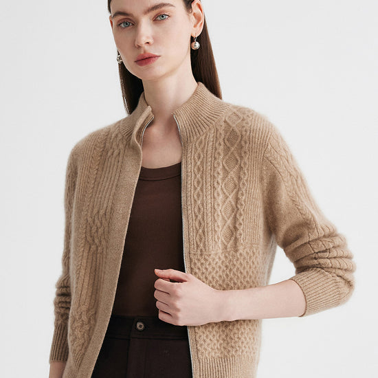 COMOBOCA 100% Cashmere Women's Cable Knit Mock Neck Zip Up Cardigan
