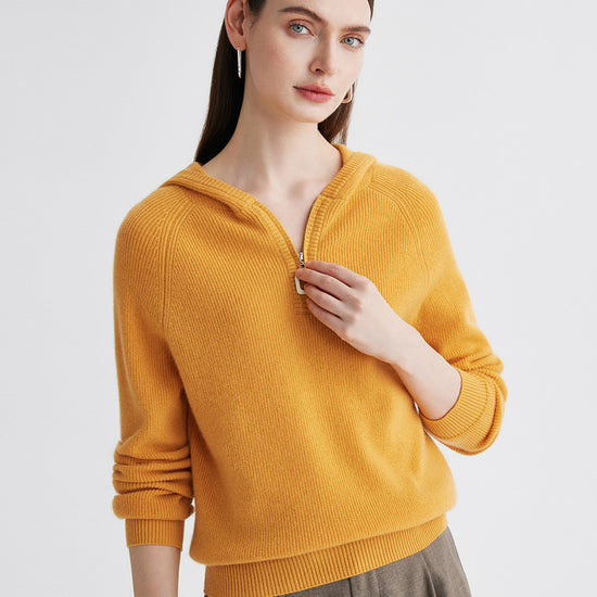COMOBOCA 100% Cashmere Women's Ribbed Half Zip Knit Hoodie