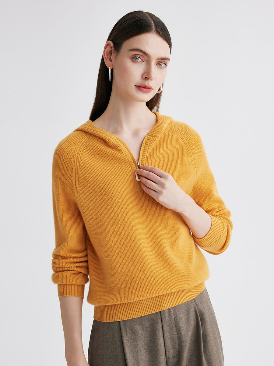 COMOBOCA 100% Cashmere Women's Ribbed Half Zip Knit Hoodie