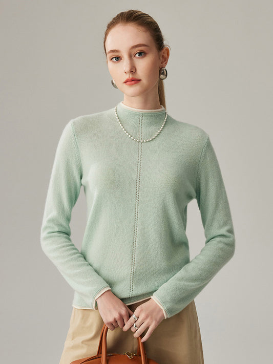 COMOBOCA 100% Cashmere Women's Ribbed Contrast Trim Sweater