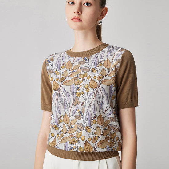 COMOBOCA Women's Cotton Silk Floral Ribbed Print Knit T-Shirt