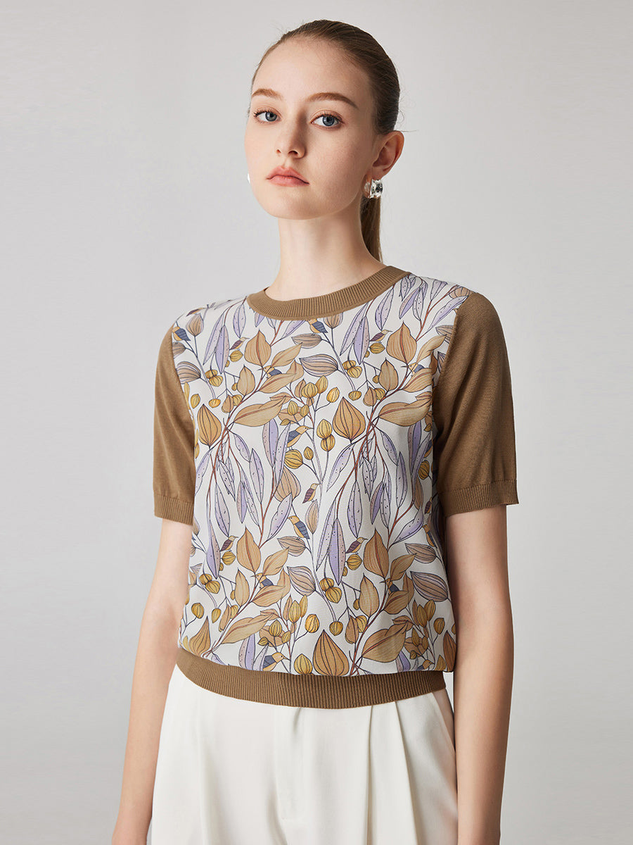 COMOBOCA Women's Cotton Silk Floral Ribbed Print Knit T-Shirt