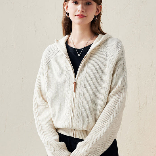 COMOBOCA White 100% Wool Women's Cardigan Cable Knit Hoodie