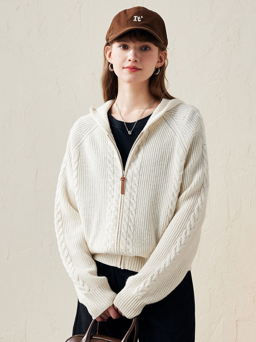 COMOBOCA White 100% Wool Women's Cardigan Cable Knit Hoodie