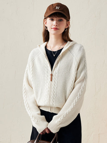 COMOBOCA White 100% Wool Women's Cardigan Cable Knit Hoodie