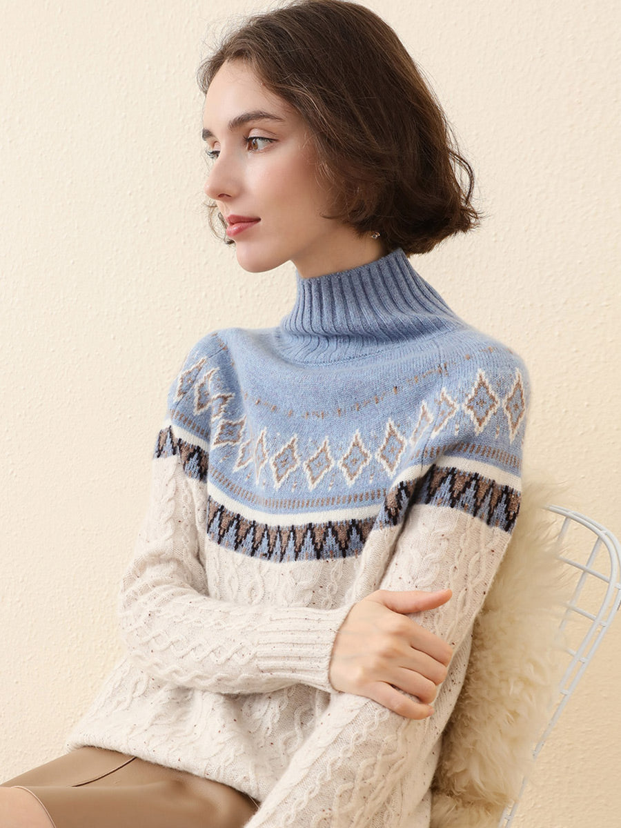 100% Cashmere Women's Mock Neck Fair Isle Cable Knit Sweater