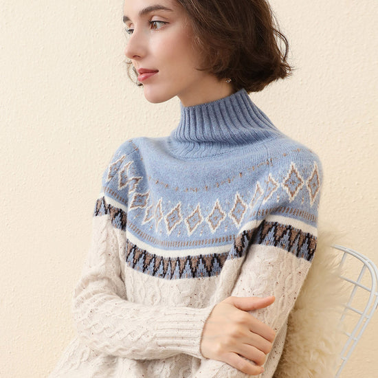 COMOBOCA 100% Cashmere Women's Mock Neck Fair Isle Cable Knit Sweater