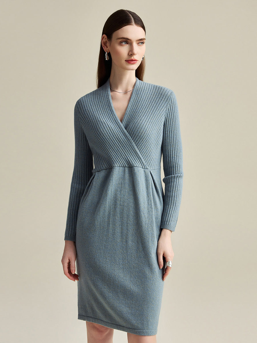 COMOBOCA 100% Cashmere Women's Knit V-Neck Midi Dress