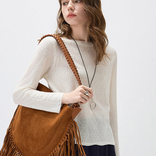 COMOBOCA Women's Textured Sheer Knit Round Neck Sweater