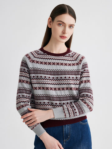 COMOBOCA Fair Isle 100% Cashmere Women's Fair Isle Round Neck Knit Sweater