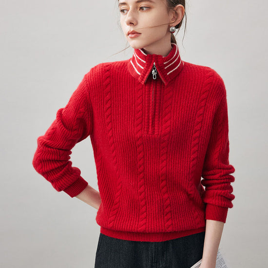COMOBOCA Red 100% Cashmere Women's Cable Half Zip Striped Collar Sweater