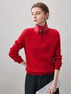 COMOBOCA Red 100% Cashmere Women's Cable Half Zip Striped Collar Sweater