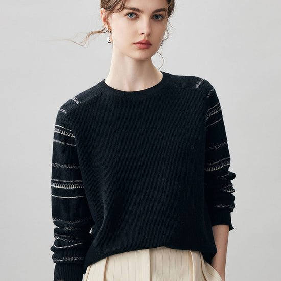 COMOBOCA Black 100% Cashmere Women's Striped Sleeve Round Neck Sweater
