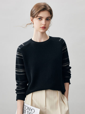 COMOBOCA Black 100% Cashmere Women's Striped Sleeve Round Neck Sweater