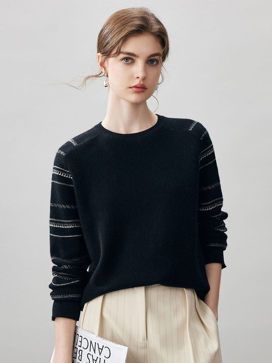 COMOBOCA Black 100% Cashmere Women's Striped Sleeve Round Neck Sweater
