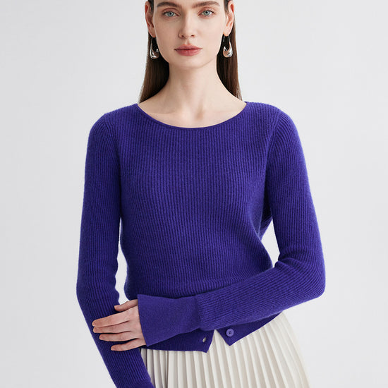 COMOBOCA 100% Cashmere Women's Round Neck Button Ribbed Knit Sweater