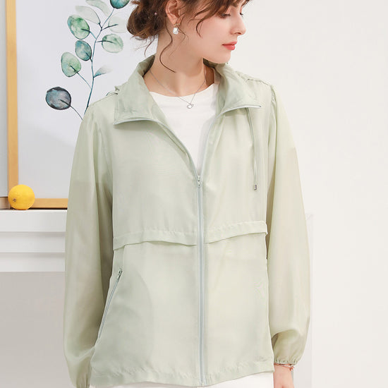 COMOBOCA One size Light Green 100% Mulberry Silk Women's Zip Up Hooded Jacket