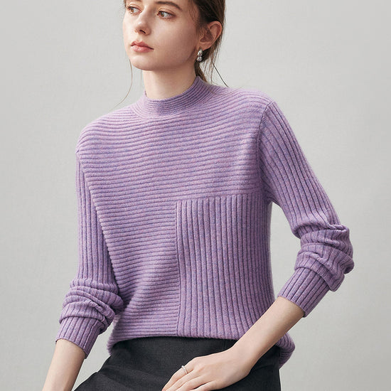 COMOBOCA 100% Cashmere Women's Asymmetric Ribbed Mock Neck Sweater