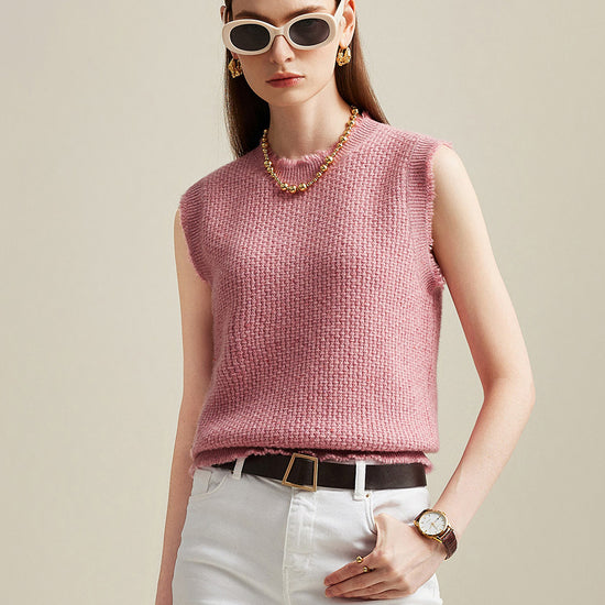 COMOBOCA Pink 100% Cashmere Women's Textured Knit Sweater Vest