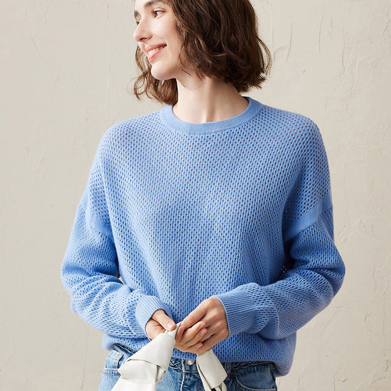COMOBOCA Blue 100% Cashmere Women's Breathable Mesh Sweater