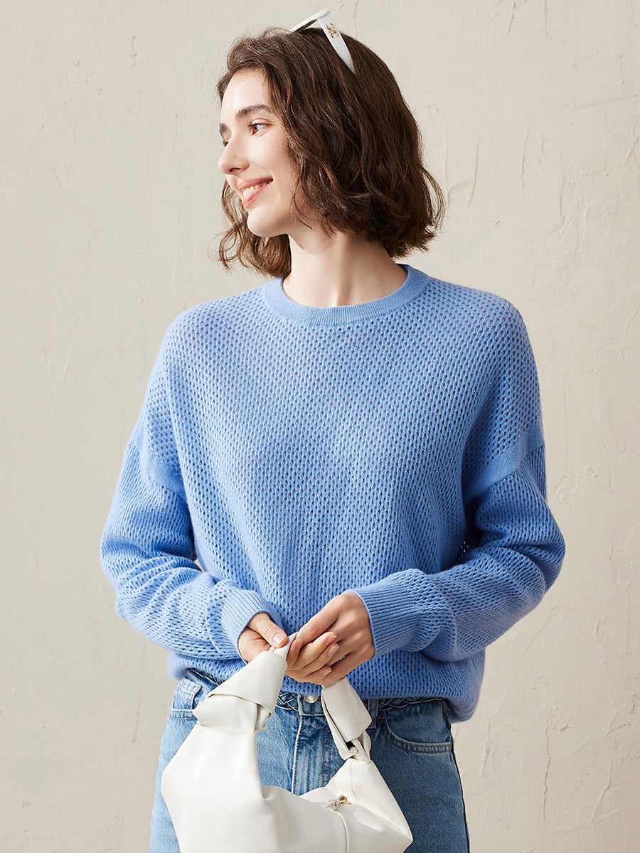 COMOBOCA Blue 100% Cashmere Women's Breathable Mesh Sweater
