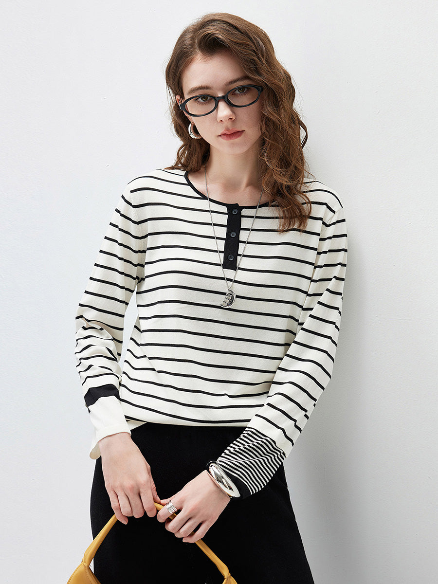 COMOBOCA Striped Women's Stripe Henley Round Neck Sweater
