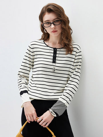 COMOBOCA Striped Women's Stripe Henley Round Neck Sweater