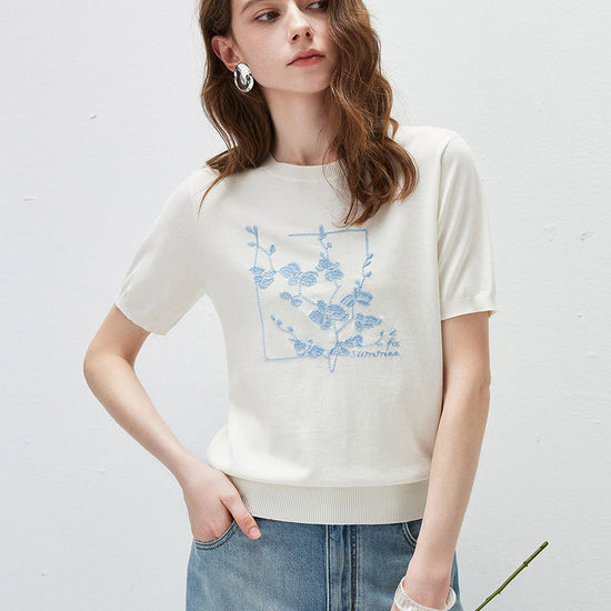 COMOBOCA Women's Floral Embroidered Ribbed Knit T-Shirt