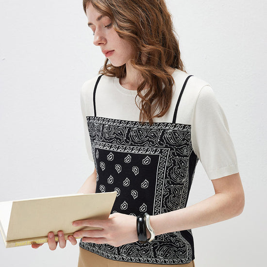COMOBOCA Women's 2-in-1 Bandana Print Knit Top