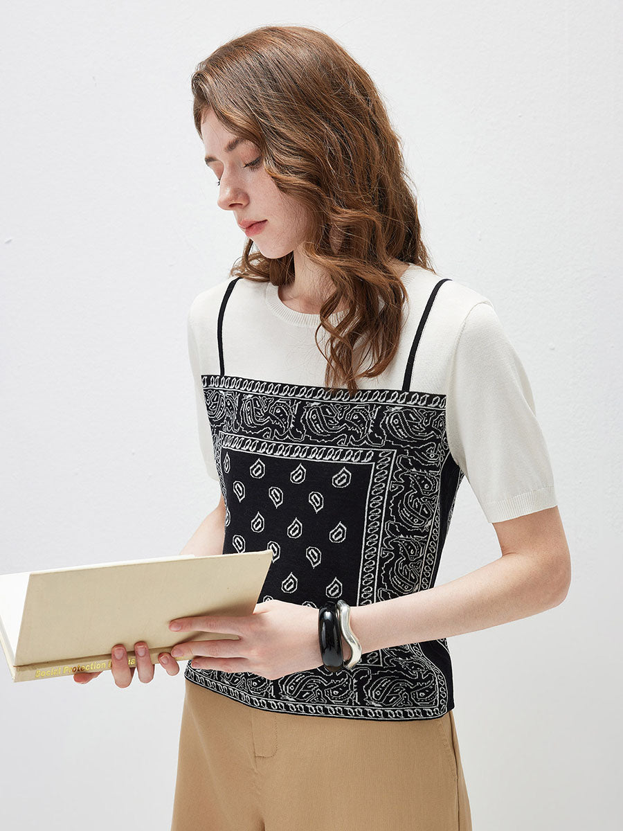 COMOBOCA Women's 2-in-1 Bandana Print Knit Top