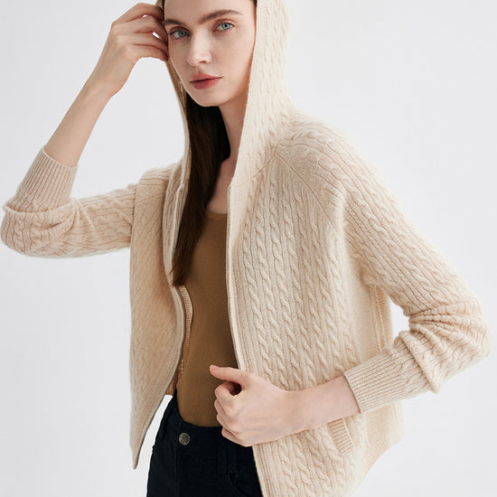 COMOBOCA 100% Cashmere Women's Cable Knit Zip Up Hoodie