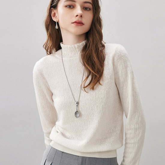 COMOBOCA 100% Wool Women's Ruffled Mock Neck Knit Sweater