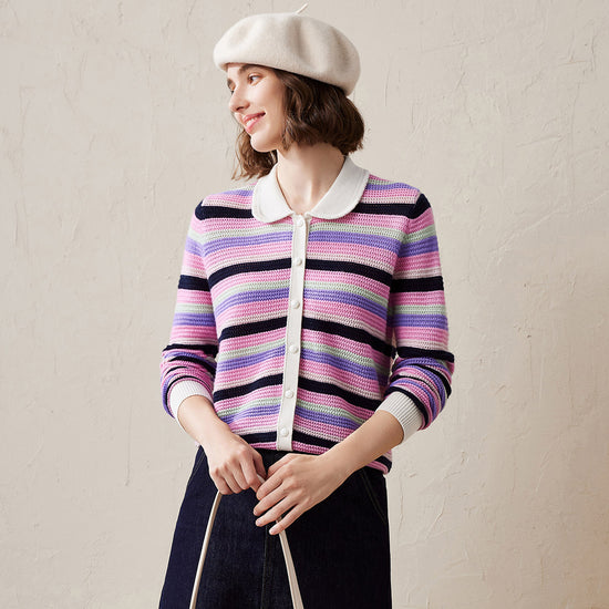 COMOBOCA 100% Cashmere Striped Knit Cardigan with Contrast Collar