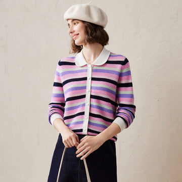 COMOBOCA 100% Cashmere Striped Knit Cardigan with Contrast Collar