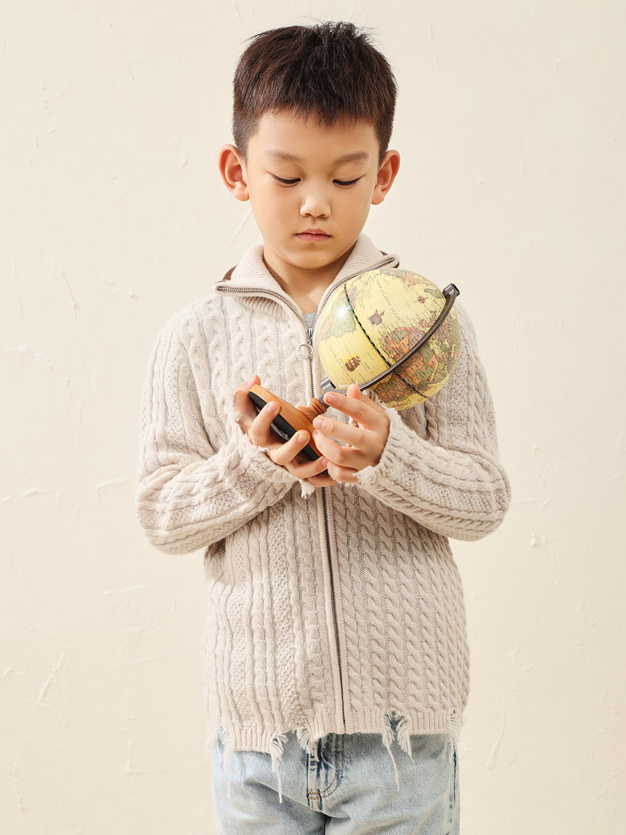 COMOBOCA 100% Wool Kid's Cable Knit Turtleneck Zip Up Cardigan