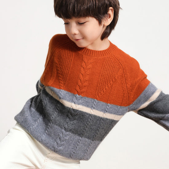 COMOBOCA 100% Wool Kids' Round Neck Striped Sweater
