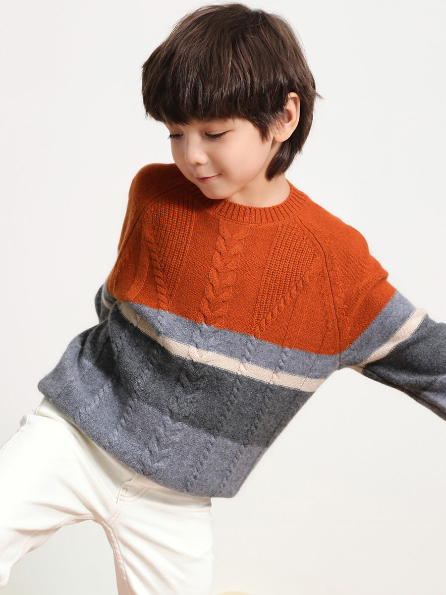 COMOBOCA 100% Wool Kids' Round Neck Striped Sweater