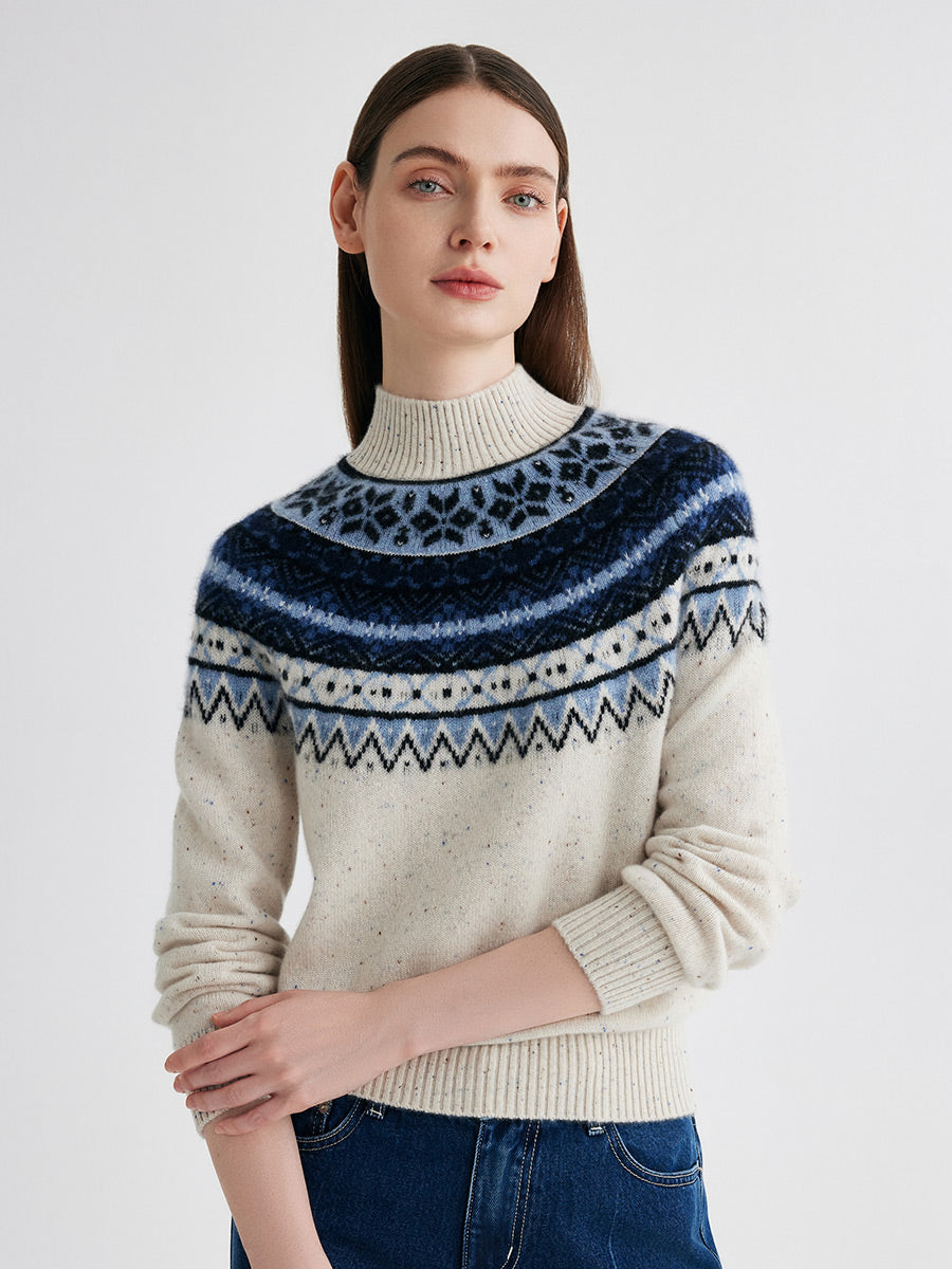 COMOBOCA 100% Cashmere Women's Fair Isle Mock Neck Sweater