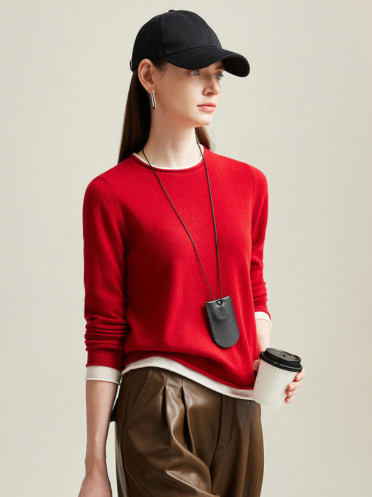 COMOBOCA Red 100% Cashmere Women's Sweater with Contrast Trim