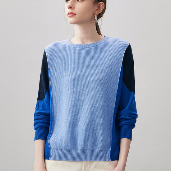 COMOBOCA Blue 100% Cashmere Women's Color Block Round Neck Knit Sweater