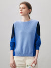 COMOBOCA Blue 100% Cashmere Women's Color Block Round Neck Knit Sweater